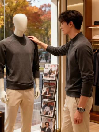 秋光透过落地窗,把深灰高领衫的柔糯质感衬得清晰,米白裤的干净也融在暖黄里。他倚在杂志架旁,双手插兜,腕间的表在光里闪了下——上周他也是这样,在巷口等我时,表针晃得和我心跳一样快。   “在看什么?”我走近,看见窗外秋叶把街染成蜜色。 他侧头,眼里落着光,也落着我:“看你什么时候过来。” 尾音带着笑,像把秋意都揉了进来。店里的木质香混着衣料味,我攥着衣角,忽然觉得这秋,和他一样,都带着让人想沉溺的温柔。#穿搭分享 #男生穿搭 #男装搭配 #男生穿搭日记 #简约大气