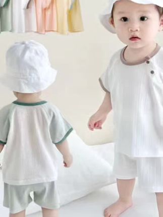 宝宝夏季套装男女童轻薄短袖短裤分体二件套婴儿家居空调服01-2岁#宝宝套装#短袖套装#空调服#家居服#好物分享