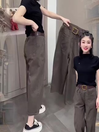 直筒工装牛仔裤女2025年早秋新款小个子高腰显瘦休闲哈伦老爹裤子#牛仔裤 #工装牛仔裤 #直筒牛仔裤