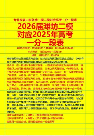 2026届潍坊二模对应2025年高考一分一段表 方便潍坊考生自助换算2025年高考分数,查省排名