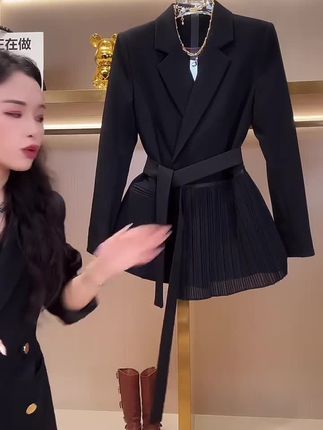 秋装新款修身系带纯色拼接纱帘西装显瘦收腰外套#面料柔软舒适 #新款上新 #时尚女装 #小众设计感 #谁穿都好看