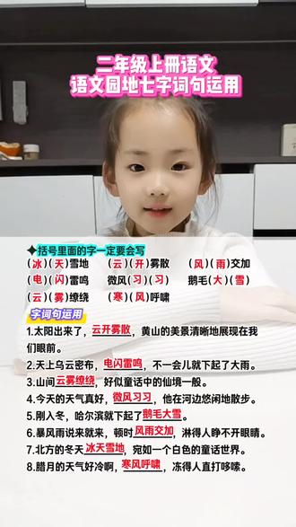 二年级上册语文园地七字词句运用。寒风呼啸,微风习习,风雨加交,鹅毛大雪,冰天雪地,电闪雷鸣,云开雾散,云雾缭绕。#二年级上册语文 #词语积累 #必考知识点 #学霸秘籍 #天气成语