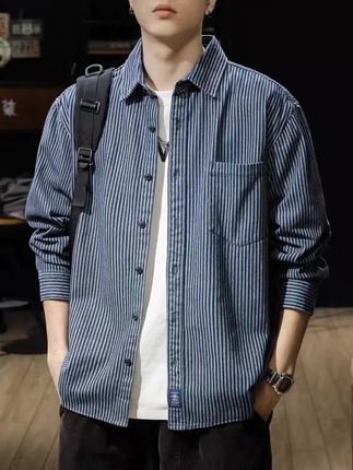 条纹衬衣外套男士春秋新款宽松大码休闲长袖上衣百搭牛仔衬衫男装#不潮不出街 #穿搭我是认真的 #穿着得体是一种生活态度