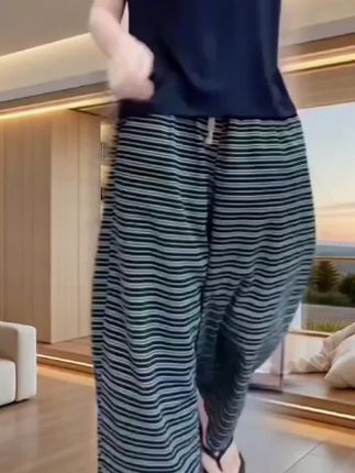 景倩妮今年流行舒适条纹休闲麻裤2025夏季新款高腰显瘦九分直筒裤#优雅气质 #面料舒适透气