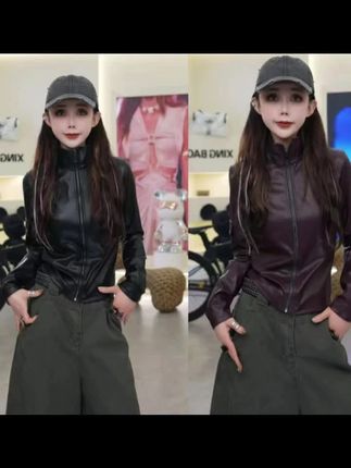 星宝定制暗黑RO风秋冬新款PU蛋白皮衣显瘦拉链机车风外套女1363#皮衣外套 #穿出你的时尚你的感觉 #机车风穿搭 #显瘦穿搭#