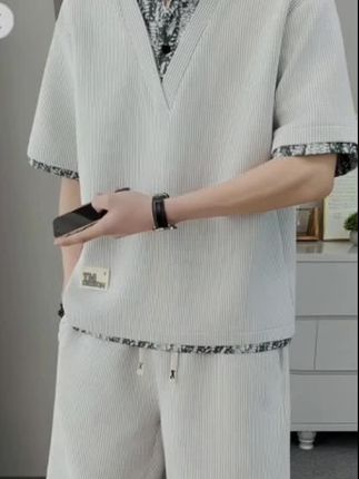 花花公子2025男士高档夏季时尚宽松潮流透气翻领华夫格套装薄款#高街穿搭