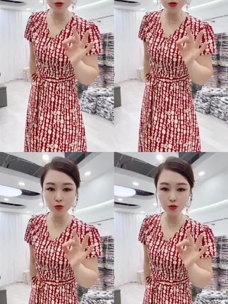 减龄极简风夏季V领斜肩印花连衣裙女装修身长裙欧美风#来自美图秀秀