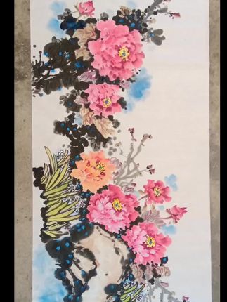 4尺写意牡丹#国画艺术 #国画写意牡丹 ##写意花鸟 #手绘国画作品 #国画花鸟