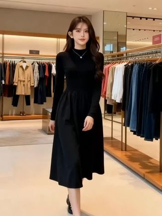 裙子新款2025年秋冬季爆款洋气显瘦长款半高领休闲打底小黑裙#好物推荐🔥 #新品上新 #女装搭配