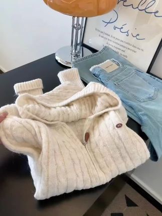 NSCM秋冬新款清冷系禅意衣服韩系小个子麻花连帽长袖针织毛衣 #面料柔软舒适 #早秋新款 #美出高级感 #针织衫 #早秋韩系氛围感穿搭