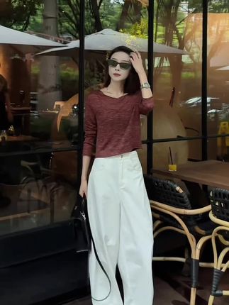 高级感超好看的套装~薄款长袖上衣+白色宽松阔腿裤两件套#韩系穿搭 #高级感穿搭 #百搭阔腿裤 #显瘦穿搭 #极简穿搭