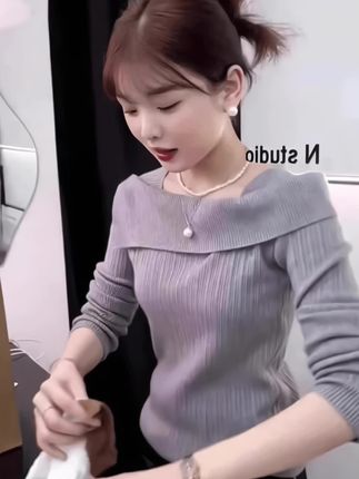 一字领毛衣长袖针织衫百搭打底秋冬打底衫女款爆款新款春秋#秋季针织衫推荐 #一字肩上衣 #气质穿搭 #显瘦针织衫 #日常通勤穿搭