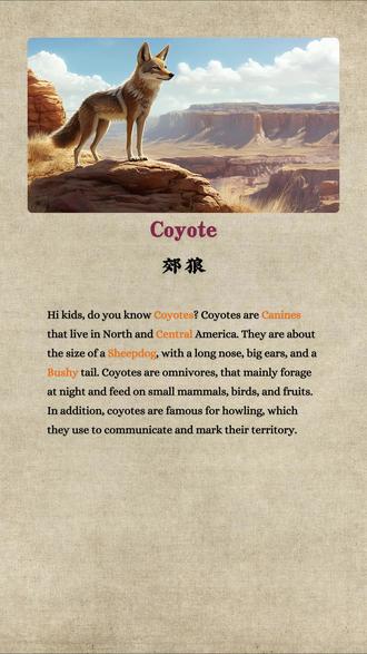 英语学习|英语词汇|英文阅读 坚持总会获得回报,就像念念不忘必有回响!
Question:
1、Coyotes are similar in size to which animal?
2、What are coyotes famous for?
Key Vocabulary:
1、Coyotes /kaɪˈoʊtis/(郊狼、草原狼)
2、Canines /ˈkeɪˌnaɪnz/(犬)
3、Central /ˈsentrəl/(中央、中心)
4、Sheepdog /ˈʃiːpdɔːɡ/(牧羊犬)
5、Bushy /ˈbʊʃi/(浓密的)
#英语 #英语单词 #英语听力 #英语口语 #学英语