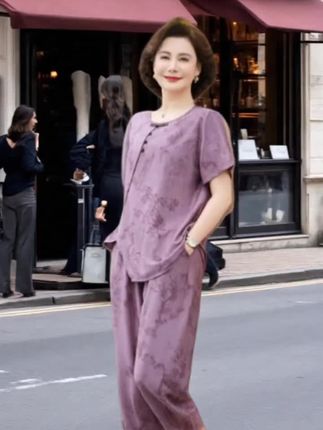 # 2025夏季新款中式国风中老年女装休闲宽松气质印花大码妈妈套装