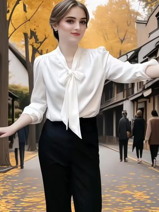 蝴蝶结带飘带,优雅气质,纯色上衣,宽松版遮肚显瘦,面料柔软舒适,透气性好,高级感穿搭,谁穿谁好看#冬天也能穿的很有氛围感#简约休闲风服装穿搭太耐看#去旅游穿什么?