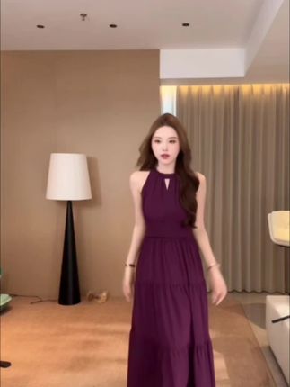 夏季女装海边度假风气质无袖挂脖连衣裙仙女裙