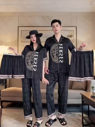 三件套】夏季情侣冰丝睡衣女套装2025新款春秋时尚高级感家居服男#睡衣套装 #情侣穿搭 #宅家睡衣秀 #冰丝睡衣套装 #冰丝睡衣