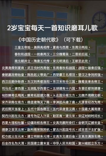中国历史朝代歌(完整纯享版) 有粉丝说不能下载,为了方便学习,这次分享的可以下载哦!!制作不易,记得点关注👌。一首朝代歌,带你穿越华夏上下五千年,探寻历史#启蒙早教 #0到3岁早教儿歌 #国学启蒙 #历史朝代歌 #每天学习一点点