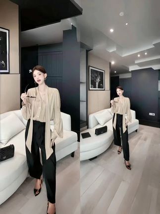 古金色V领衬衫女秋季新款丝带设计高级感时尚长袖衬衣#长袖衬衫推荐 #休闲风慵懒感 #潮人同款 #设计感小众上衣