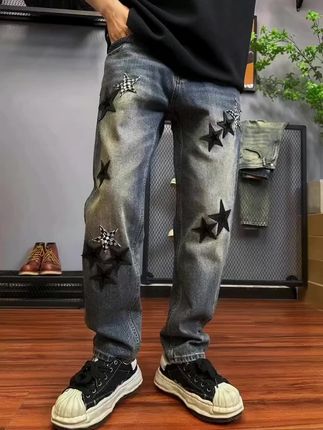 秋季潮款星星复古水洗做旧牛仔裤男痞帅炸街 宽松锥形长裤#高级感搭配 #穿搭ootd#牛仔控#显瘦穿搭#又美又飒