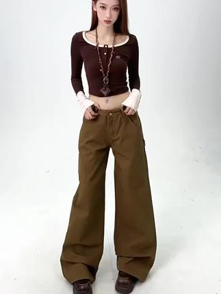 美式复古卡其色工装牛仔裤女款爆款2025秋季新款宽松垂感阔腿裤子#每日分享