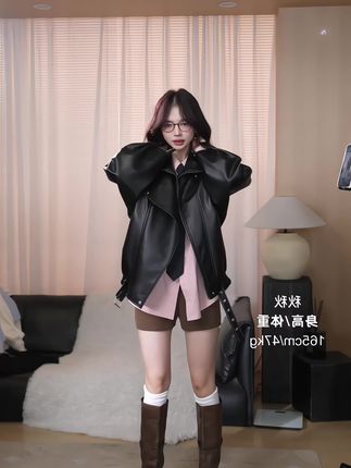 #小个子穿搭 #高级感穿搭 #穿搭 #外套 #秋冬穿搭【埃菲尔】秋季港风辣妹机车夹克宽松BD皮衣外套