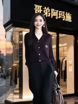 哥弟阿玛施正品春秋轻奢小众V领金扣精纺长袖针织开衫时尚上衣女#针织开衫 #开衫 #时尚针织开衫 #时尚上衣 #针织开衫女