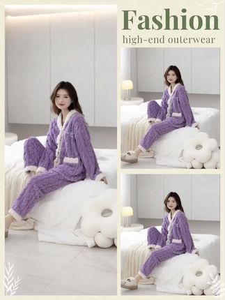#【反季清仓】珊瑚绒女士时尚V领秋冬季睡衣家居服可外穿套装SV23377#家居服套装 #慵懒风穿搭 #宅家睡衣秀 #减龄气质 #秋冬穿搭