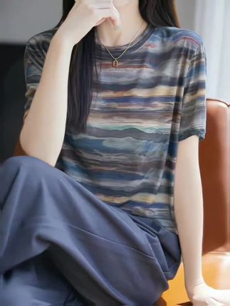 哥弟阿玛施正品2025夏季新款时尚印花短袖T恤薄款洋气百搭上衣女