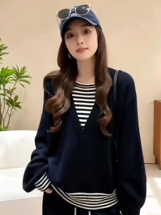 2025秋季新款韩系慵懒风长袖假两件针织上衣女阔腿裤两件套套装女#减龄显瘦穿搭 #慵懒风穿搭 #针织衫 #简约穿搭 #女装穿搭