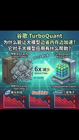 谷歌最新TurboQuant技术如何突破AI内存墙 谷歌 TurboQuant技术凭什么让美光、三星股价大跌?因为它把大模型“内存杀手” KV Cache 直接砍掉了 6 倍! 黑科技: 给模型装上“超级缩微胶卷”。 不仅省: 内存占用减 6 倍,智商还不掉! 还要快: 推理速度 TPS 飙升,告别“打字机”卡顿。 更长了: 以前读 50 页就忘,现在 200 页轻松分析。 5分钟带你读懂这个改变 AI 投资版图的硬核技术!⚡ #AI #谷歌 #TurboQuant #科技前沿 #大模型 #显存优化