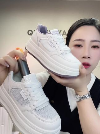 M0309-【有皮面-有网面】厚底小白鞋女2025新款春季休闲平底板鞋