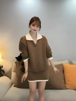 韩版套装拼接领女装复古港风休闲风时尚套装显瘦 慵懒风气质#秋冬穿搭 #内搭外穿都好看 #针织套装 #简约穿搭 #通勤搭配
