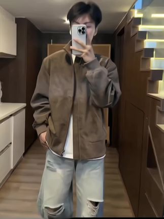 cleanfit美式复古硬汉男款立领理石纹夹克 设计感飞行员皮衣做旧风#夹克外套 #飞行员外套 #做旧外套 #皮衣外套