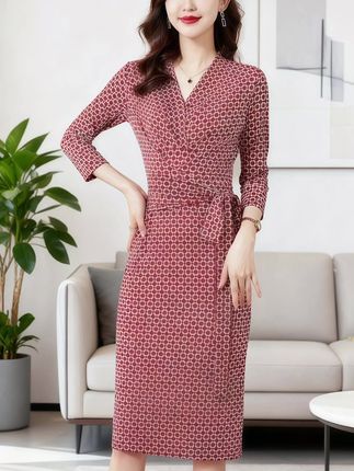 高端定制修身印花连衣裙显瘦气质系带遮肚优雅小个子中裙一步裙