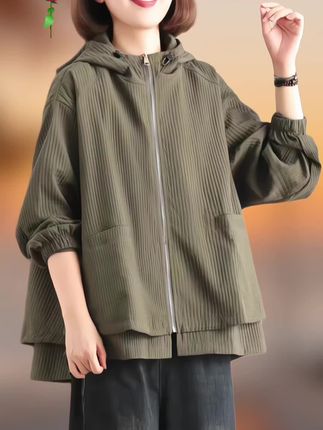 连帽外套女2025春秋新款韩版大码遮肉减龄复古洋气纯色休闲外套女
