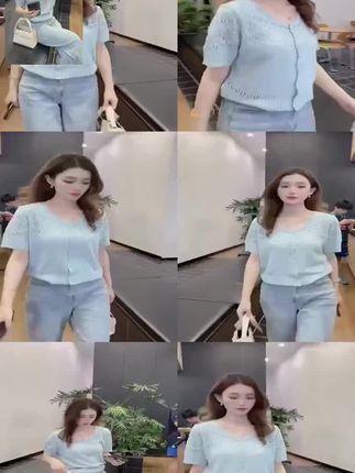 #女装上衣 #修身显瘦显气质 #百搭又时尚  501夏季新款女装粉色可露丽穿搭短袖设计感针织开衫蓝色镂空百搭