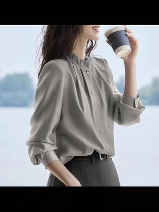 衬衫女长袖,秋季新款设计感法式气质木耳边立领衬衣,宽松显瘦上衣女