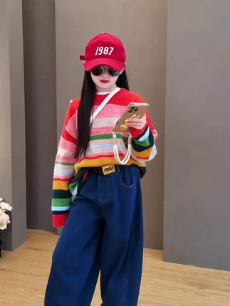 女童2025新款中大童韩版时尚春秋季彩色条纹毛衣牛仔阔腿裤套装潮#爆款热卖中
