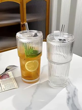 ins条纹玻璃杯#果汁玻璃杯#咖啡杯#冰美式拿铁牛奶杯#餐厅水果茶杯#带盖带吸管饮品杯