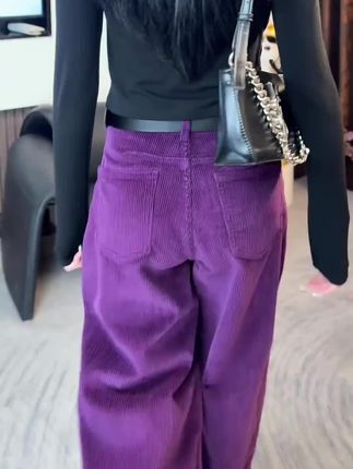 韩系多巴胺紫色灯芯绒阔腿裤女2025春秋新款百搭直筒宽松休闲长裤#显高显瘦显腿长 #阔腿裤 #休闲百搭