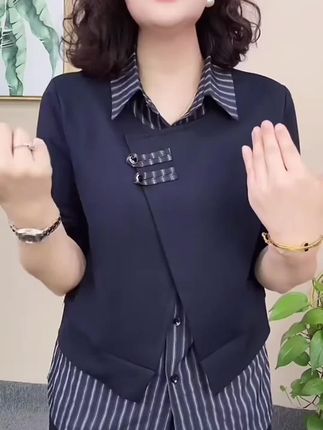 气质翻领女装时尚套装假两件早秋休闲风拼接显瘦洋气长袖#6568#夏季穿搭清凉一夏 #高级感穿搭 #女生穿搭 #显瘦穿搭