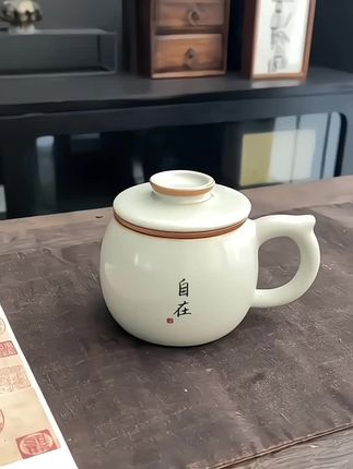 #汝窑茶水分离杯#带盖办公杯#个人专用茶水杯#陶瓷喝泡茶杯#泡茶杯