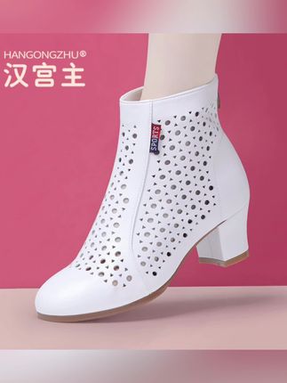 女鞋白色透气真皮软底广场舞鞋高帮中跟凉靴夏季款时尚百搭妈妈鞋#气场全开 #优雅气质 #变美变瘦变漂亮