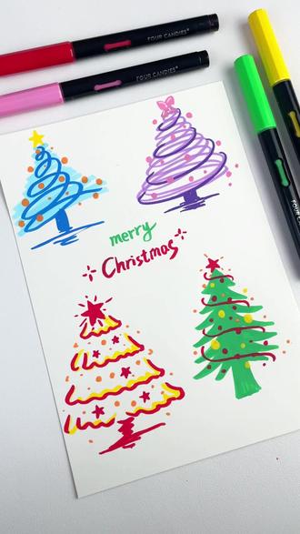 不同简单线条圣诞树的画法,快给喜欢的人画一幅吧~ #四颗糖丙烯马克笔 #圣诞树 #圣诞树绘画 #一学就会系列 #手绘