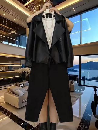 新款大码女装时尚大翻领皮U外套罗卜裤(可单拍)#时尚穿搭 #品质女装 #皮衣外套 #谁穿谁美 #气质穿搭 @抖加🔥上热门🔥dou+🔥热点宝