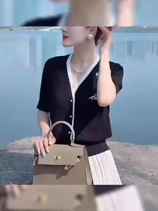 亮丝V领针织衫女短袖开衫夏季新款宽松显瘦薄款休闲黑色T恤短上衣