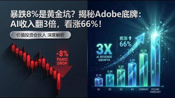 业绩碾压却暴跌8%,Adobe隐藏的暴利与66%上涨空间 **简介:**
Adobe交出了一份全面超预期的一季报,股价为何却在盘后诡异闪崩8% ?当市场陷入18年功勋CEO离职与指引迷雾的恐慌时 ,伯恩斯坦(Bernstein)最新研报却揭示了一个惊人的预期差——Adobe并没有被AI颠覆,它的AI印钞机正在疯狂“数真钱”!
核心看点提炼:
* 🔥 **AI商业化大爆发**:打破AI无法变现的魔咒,AI-First ARR已突破4亿美元(同比狂翻三倍) ,Firefly消耗点数环比激增45% ,全新的“消耗式”计费打开了营收的天花板!
* 🛡️ **坚不可摧的版权护城河**:当竞争对手深陷侵权泥潭时,Adobe凭借“商业绝对安全”的合规模型成为大厂唯一选择,推动部分企业客户合同价值逆势飙升70% !
* 💰 **情绪错杀砸出“黄金坑”**:坐拥高达93%的惊人边际利润率 ,当前估值锚点已被严重低估。伯恩斯坦直指其拥有66%的巨大潜在上涨空间(目标价447美元) ,击球区或已显现!
感谢收看【价值投资合伙人】,如果你觉得有收获,请务必点赞、订阅,并在评论区告诉我你的看法!