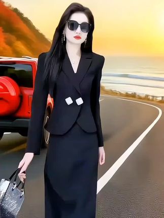 优雅气质外套女2025春季新款时尚别致设计感修身V领长袖+半身裙#好身材好气质 #穿出自信穿出美丽