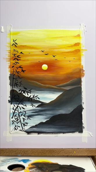 简单易学的丙烯风景《落日夕阳风景》画法 #晚霞绘画 #零基础绘画尝试 #日落画法 #跟着抖音学画画 #画画 《落日夕阳风景》